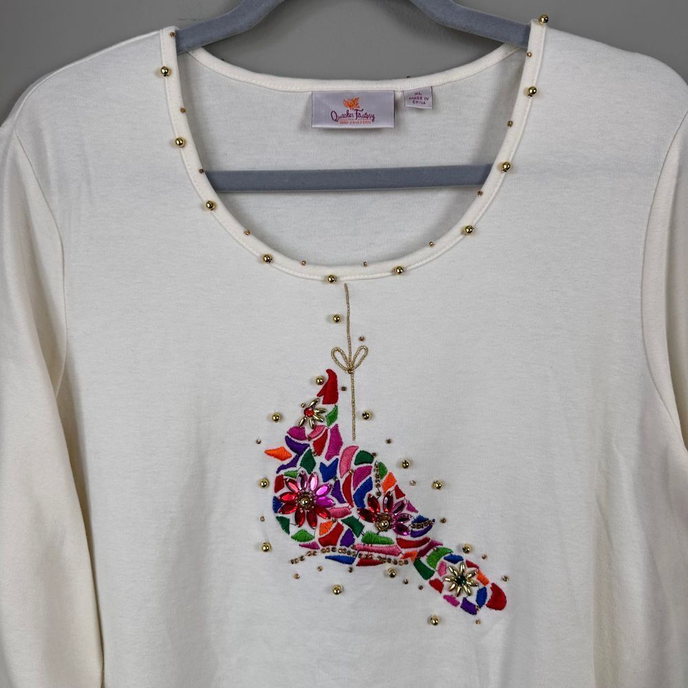 Quacker Factory Christmas T-Shirt Women XL‎ Cream Cardinal Jewel Sparkle Festive